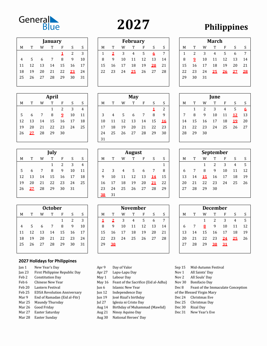 Free Printable 2027 Philippines Holiday Calendar - Monday Start