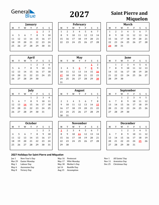 2027 Saint Pierre and Miquelon Holiday Calendar - Monday Start