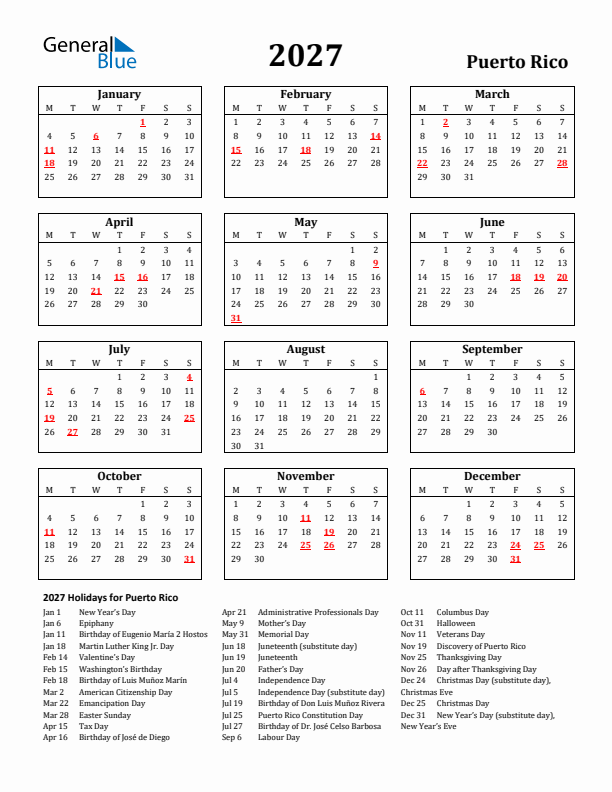 2027 Puerto Rico Holiday Calendar - Monday Start