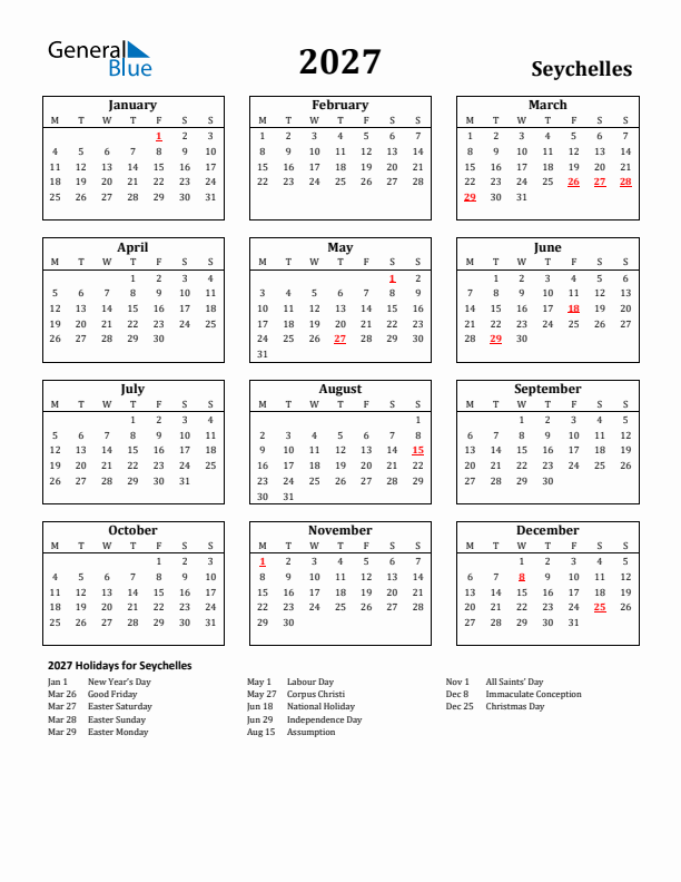 2027 Seychelles Holiday Calendar - Monday Start