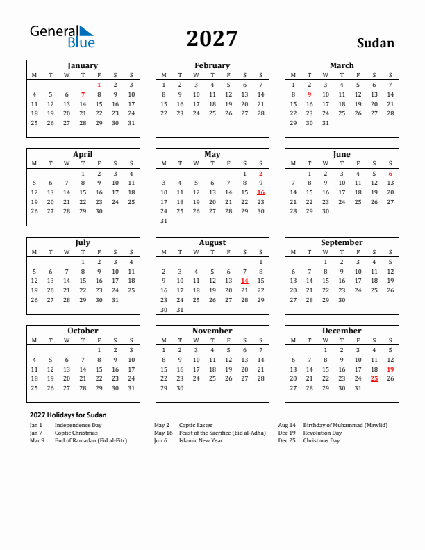 2027 Sudan Holiday Calendar - Monday Start