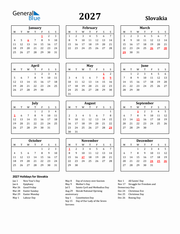 2027 Slovakia Holiday Calendar - Monday Start