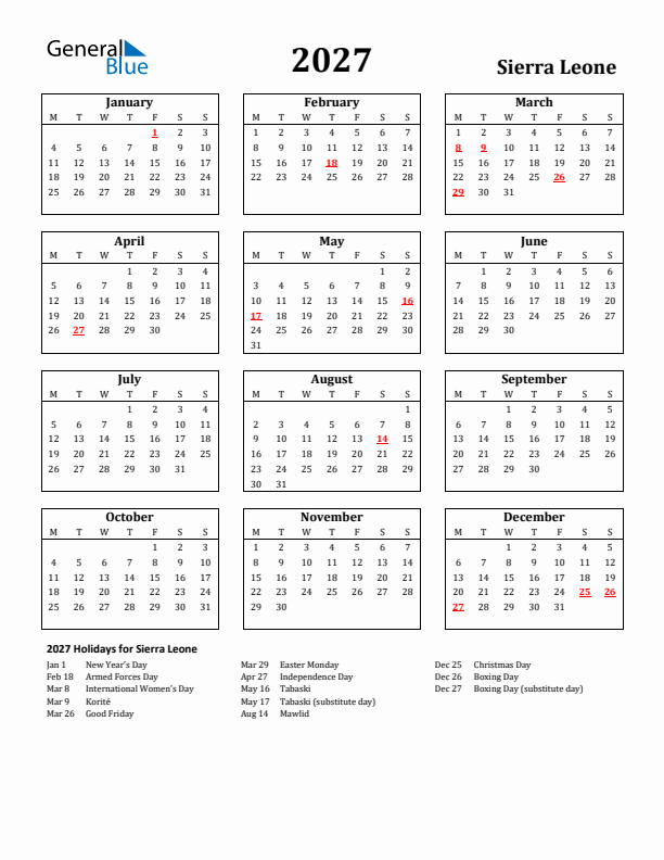 2027 Sierra Leone Holiday Calendar - Monday Start