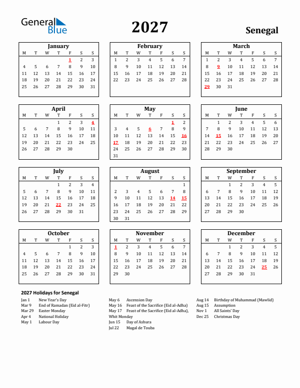 2027 Senegal Holiday Calendar - Monday Start