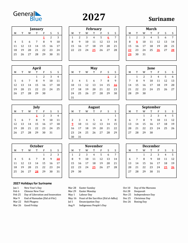 2027 Suriname Holiday Calendar - Monday Start