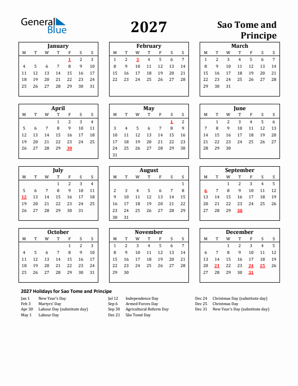 2027 Sao Tome and Principe Holiday Calendar - Monday Start
