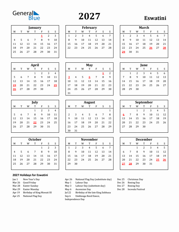 2027 Eswatini Holiday Calendar - Monday Start