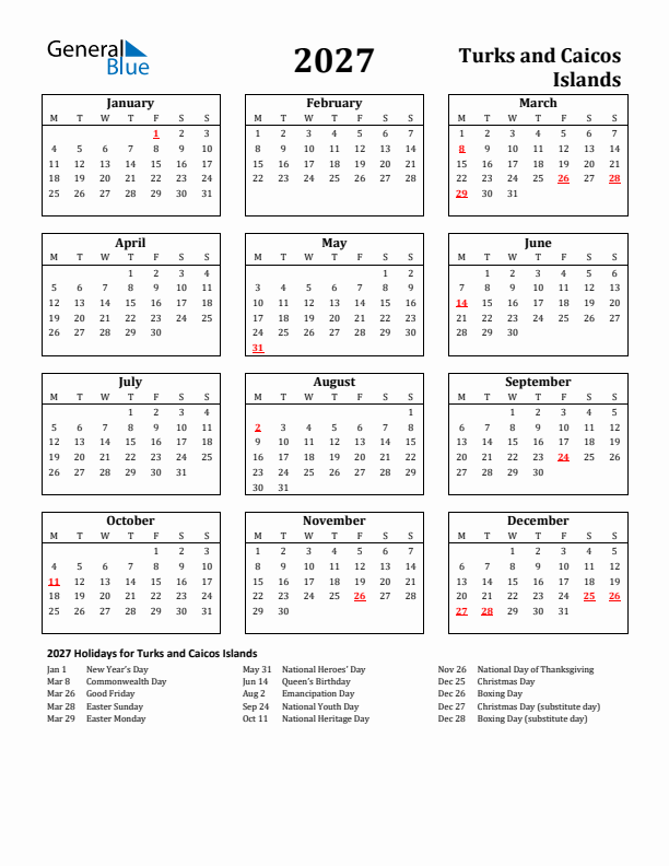 2027 Turks and Caicos Islands Holiday Calendar - Monday Start
