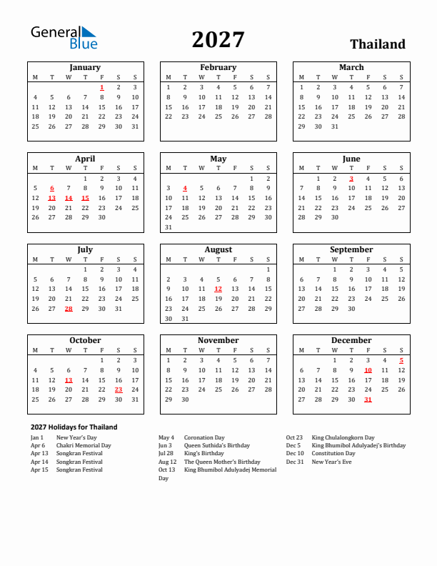 2027 Thailand Holiday Calendar - Monday Start