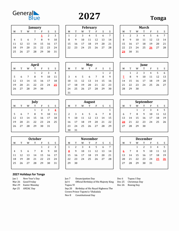 2027 Tonga Holiday Calendar - Monday Start