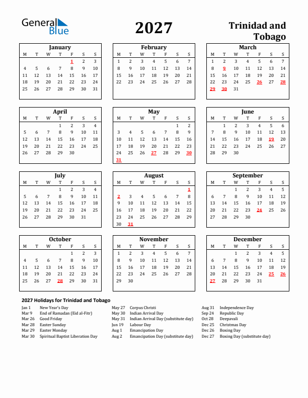 2027 Trinidad and Tobago Holiday Calendar - Monday Start