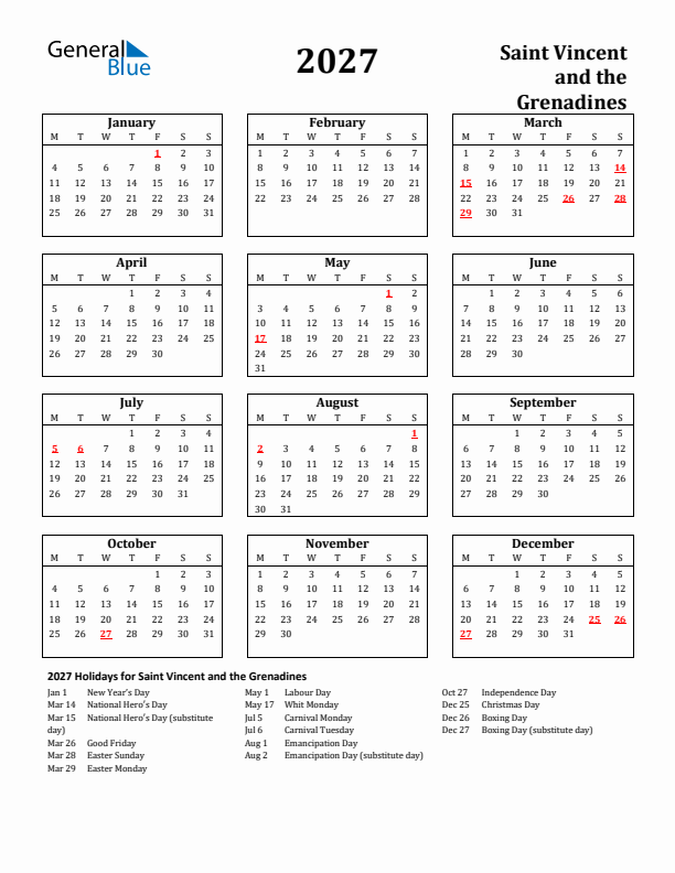 2027 Saint Vincent and the Grenadines Holiday Calendar - Monday Start