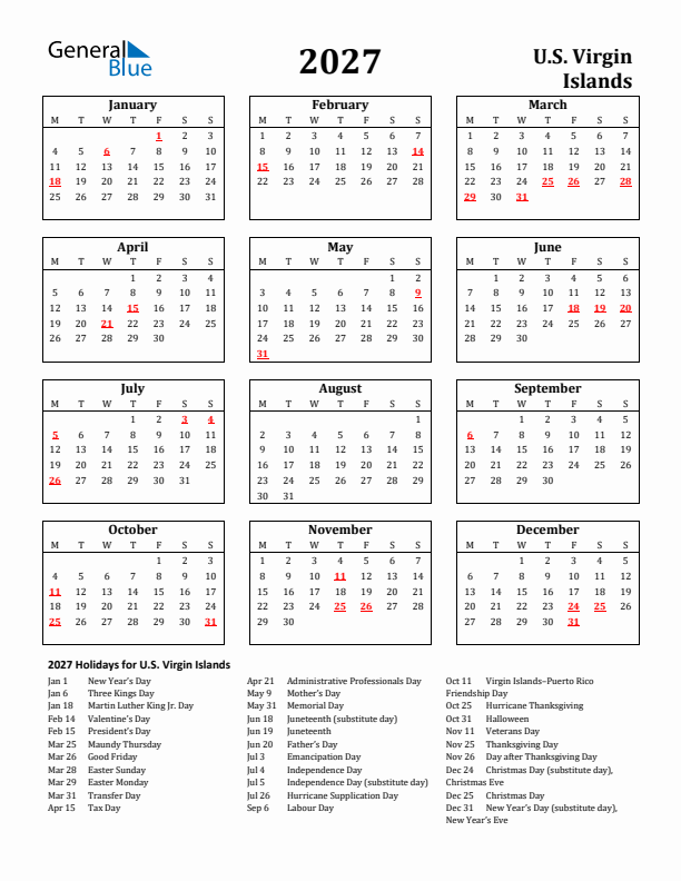 2027 U.S. Virgin Islands Holiday Calendar - Monday Start