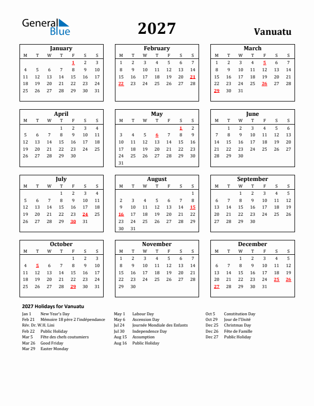 2027 Vanuatu Holiday Calendar - Monday Start