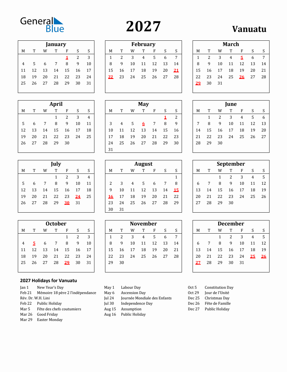 Free Printable 2027 Vanuatu Holiday Calendar - Monday Start