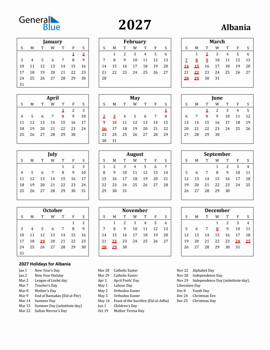 Free Printable 2027 Albania Holiday Calendar