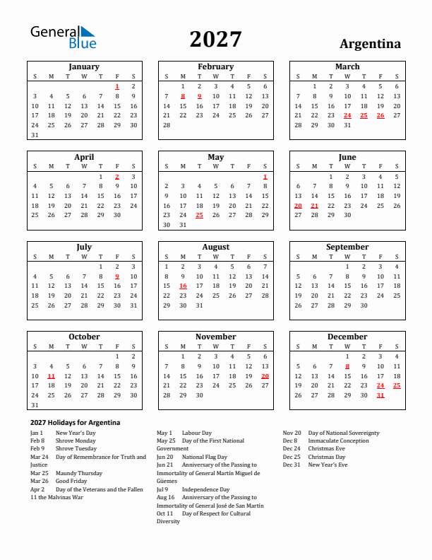 2027 Argentina Holiday Calendar - Sunday Start