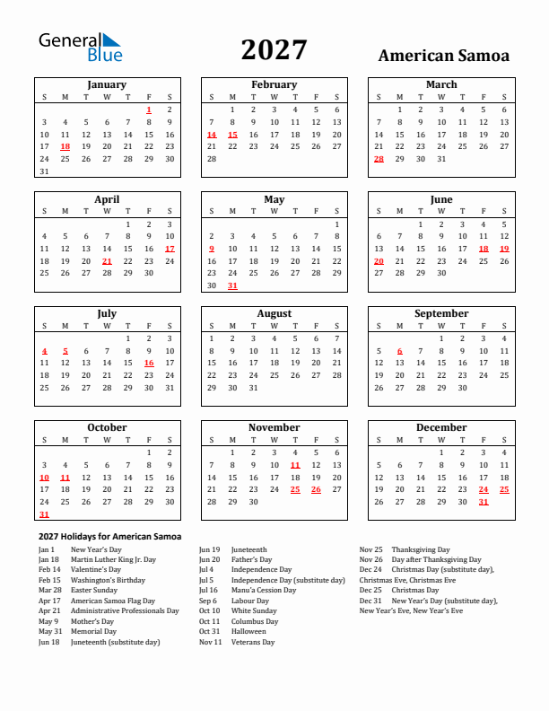 2027 American Samoa Holiday Calendar - Sunday Start