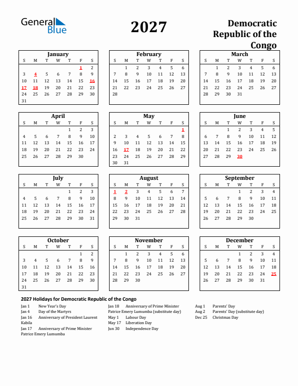 2027 Democratic Republic of the Congo Holiday Calendar - Sunday Start