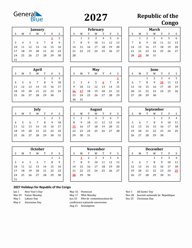 2027 Republic of the Congo Holiday Calendar - Sunday Start