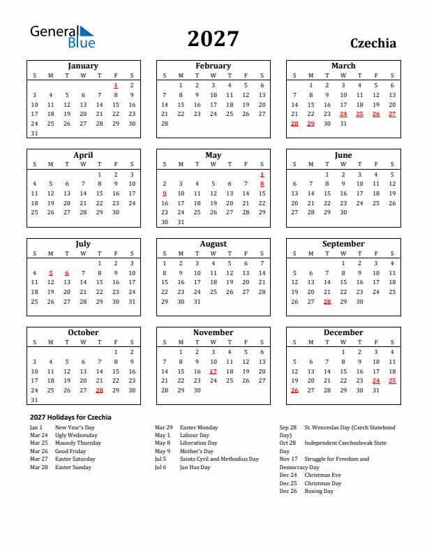 2027 Czechia Holiday Calendar - Sunday Start
