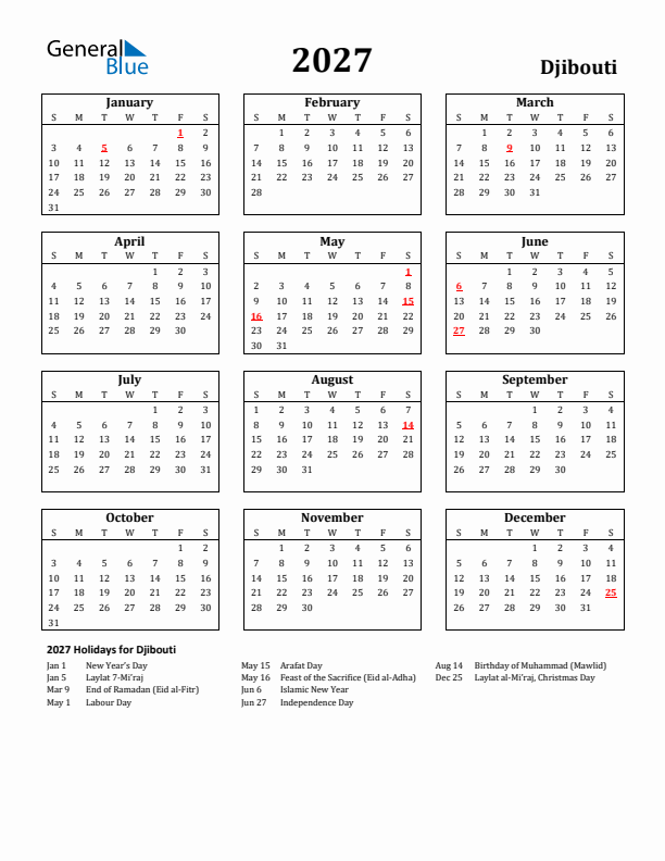 2027 Djibouti Holiday Calendar - Sunday Start