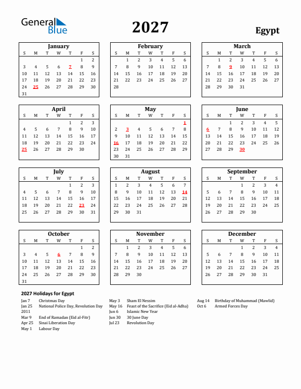 2027 Egypt Holiday Calendar - Sunday Start