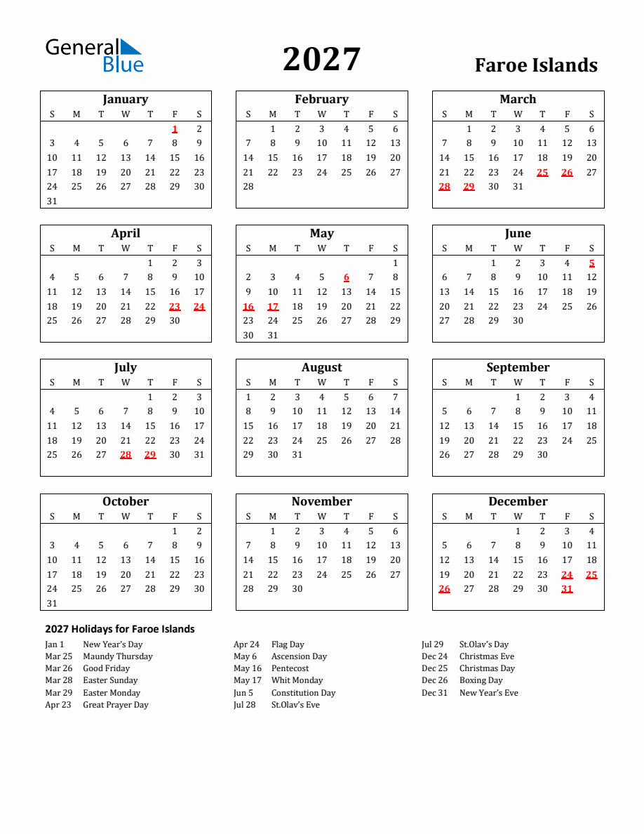 Free Printable 2027 Faroe Islands Holiday Calendar