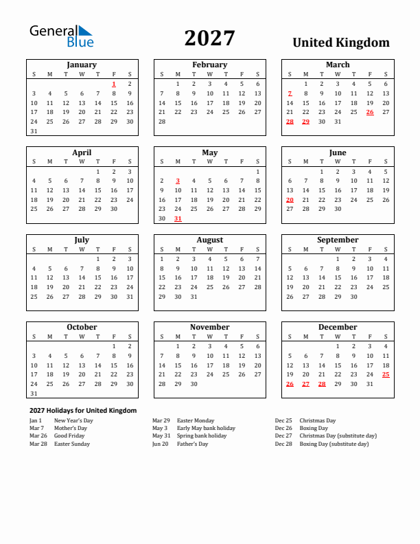2027 United Kingdom Calendar With Holidays