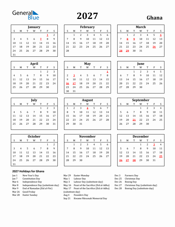 2027 Ghana Holiday Calendar - Sunday Start