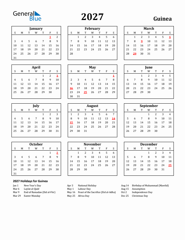 2027 Guinea Holiday Calendar - Sunday Start