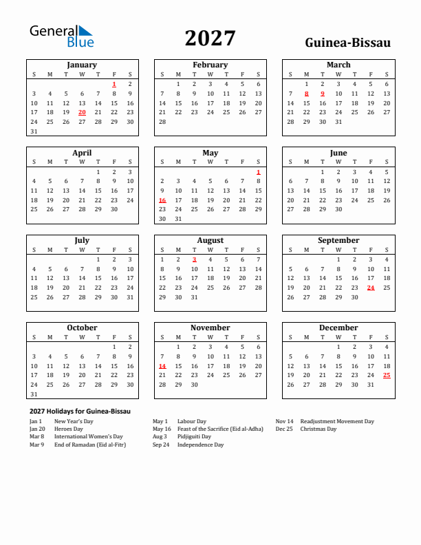 2027 Guinea-Bissau Holiday Calendar - Sunday Start