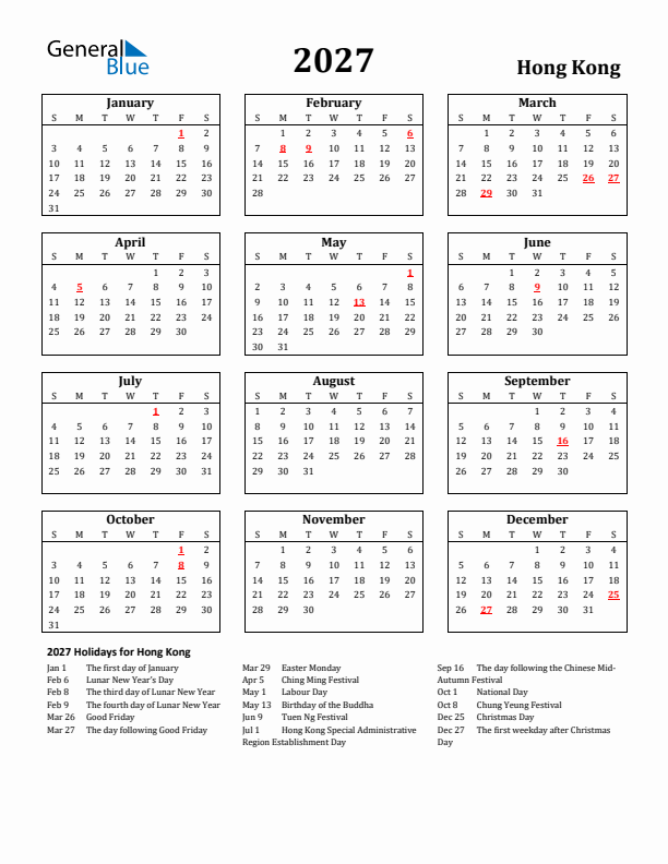 2027 Hong Kong Holiday Calendar - Sunday Start