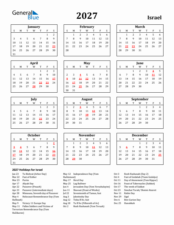2027 Israel Holiday Calendar - Sunday Start