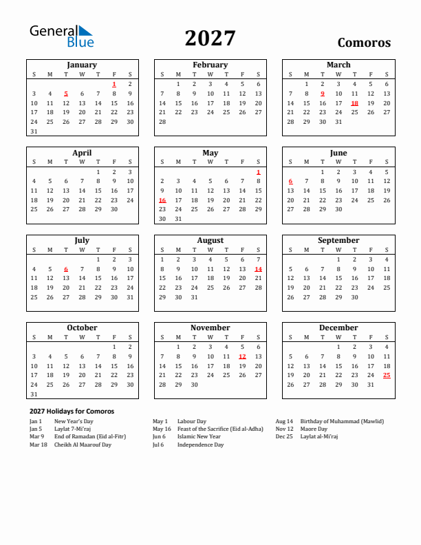 2027 Comoros Holiday Calendar - Sunday Start