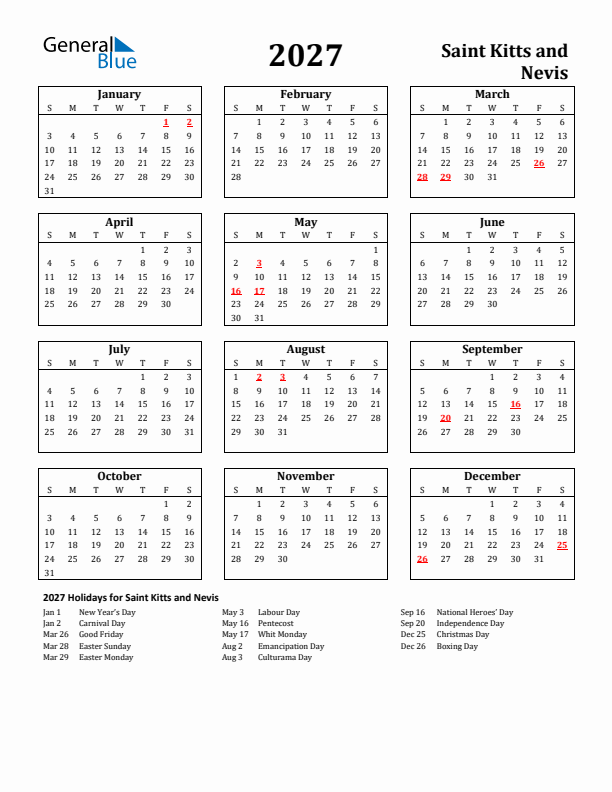 2027 Saint Kitts and Nevis Holiday Calendar - Sunday Start