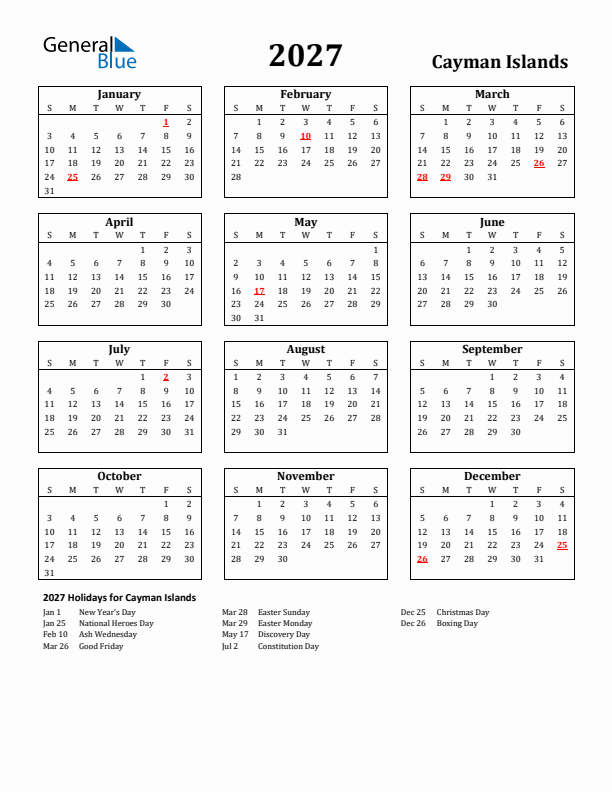 2027 Cayman Islands Holiday Calendar - Sunday Start