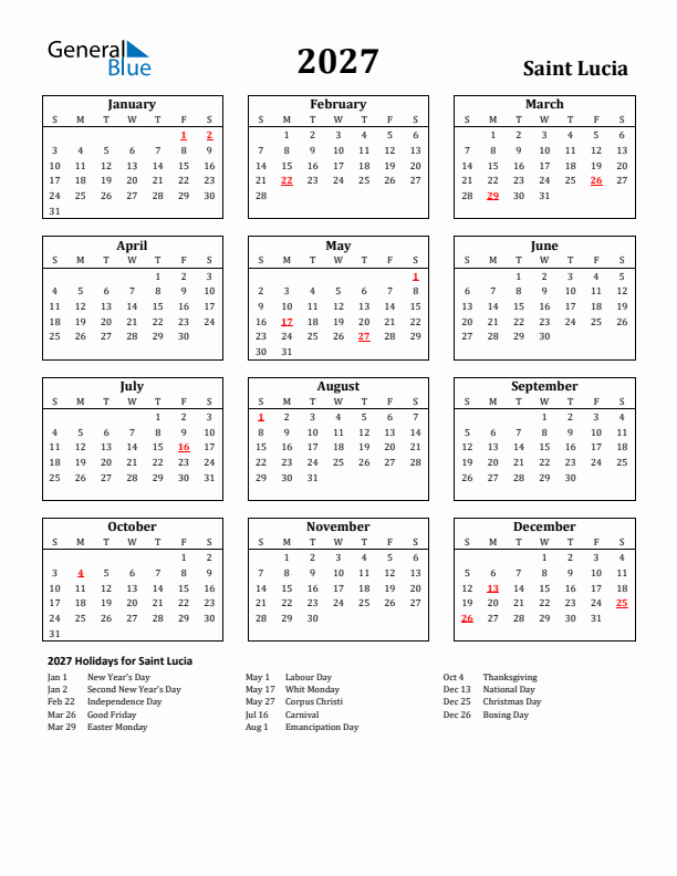 2027 Saint Lucia Holiday Calendar - Sunday Start