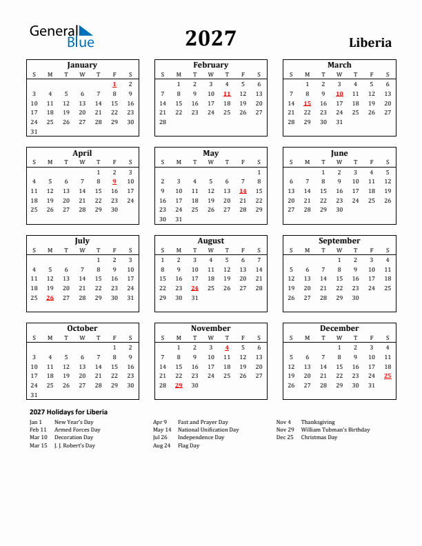 2027 Liberia Holiday Calendar - Sunday Start