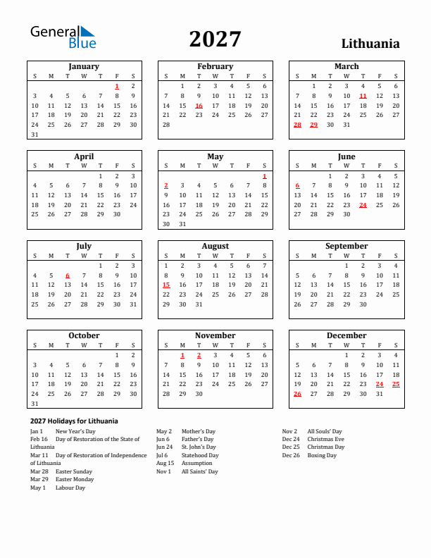 2027 Lithuania Holiday Calendar - Sunday Start