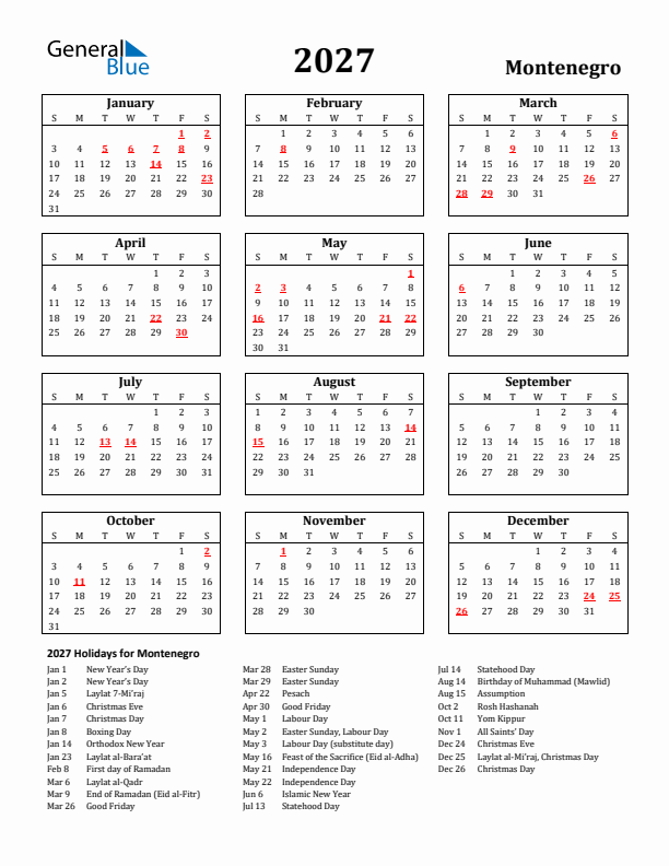 2027 Montenegro Holiday Calendar - Sunday Start