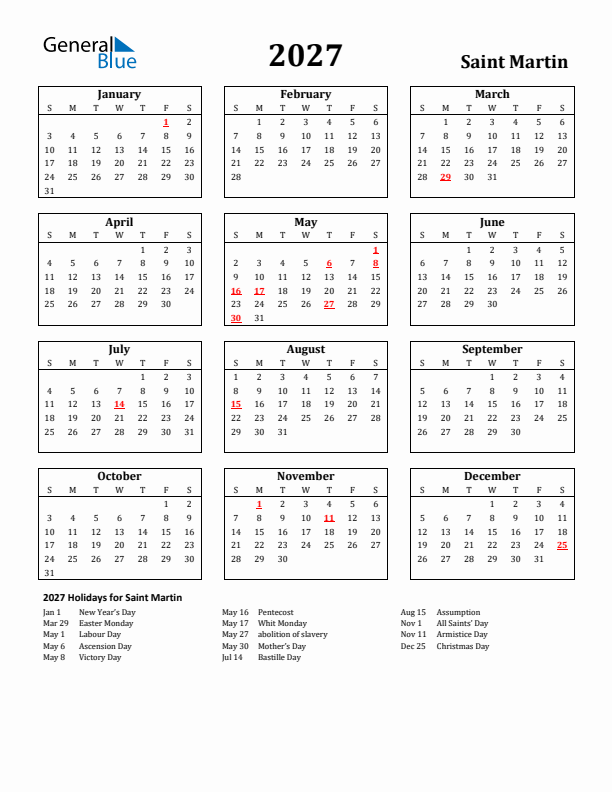 2027 Saint Martin Holiday Calendar - Sunday Start