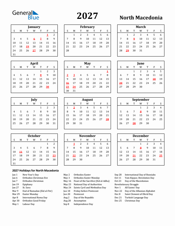 2027 North Macedonia Holiday Calendar - Sunday Start