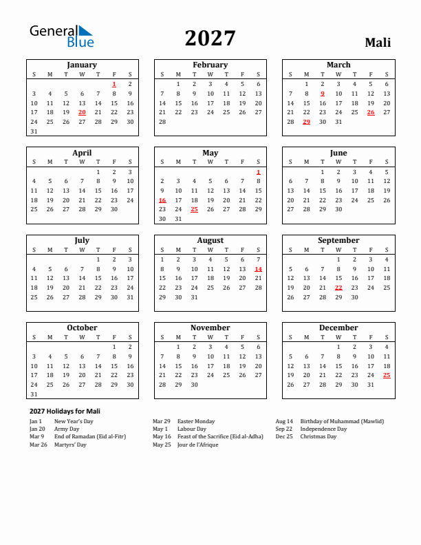 2027 Mali Holiday Calendar - Sunday Start