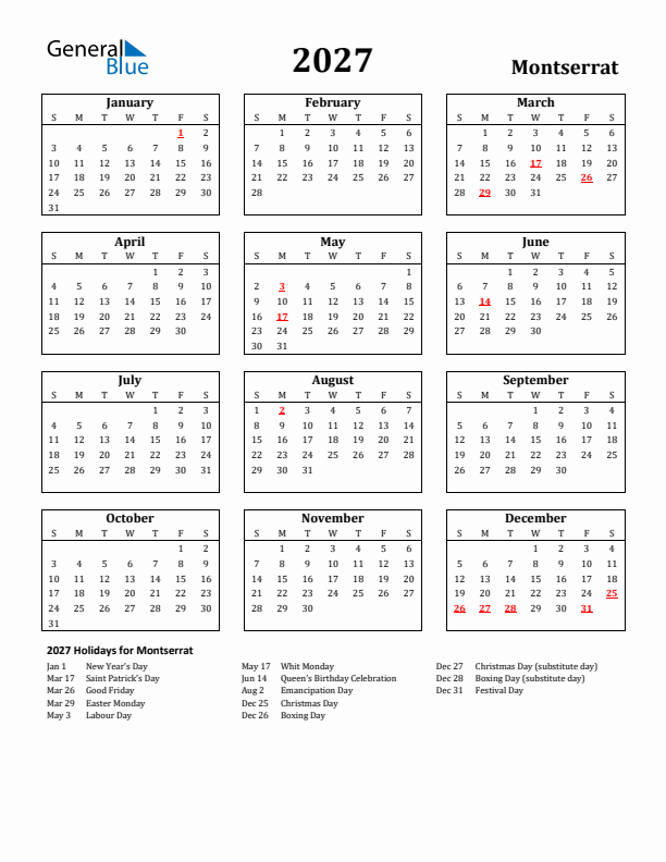 2027 Montserrat Holiday Calendar - Sunday Start