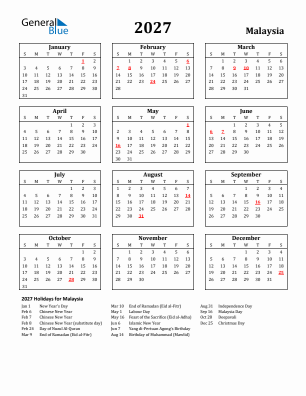 2027 Malaysia Holiday Calendar - Sunday Start