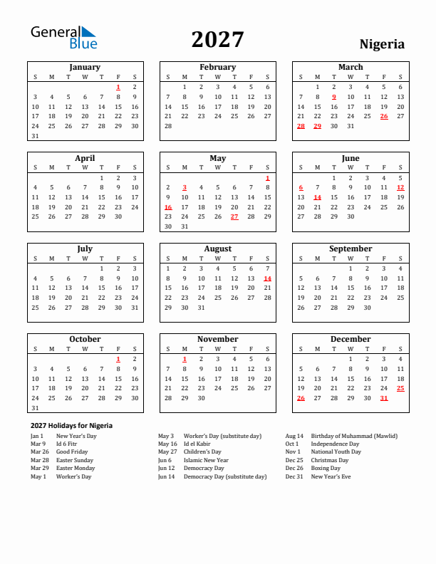 2027 Nigeria Holiday Calendar - Sunday Start