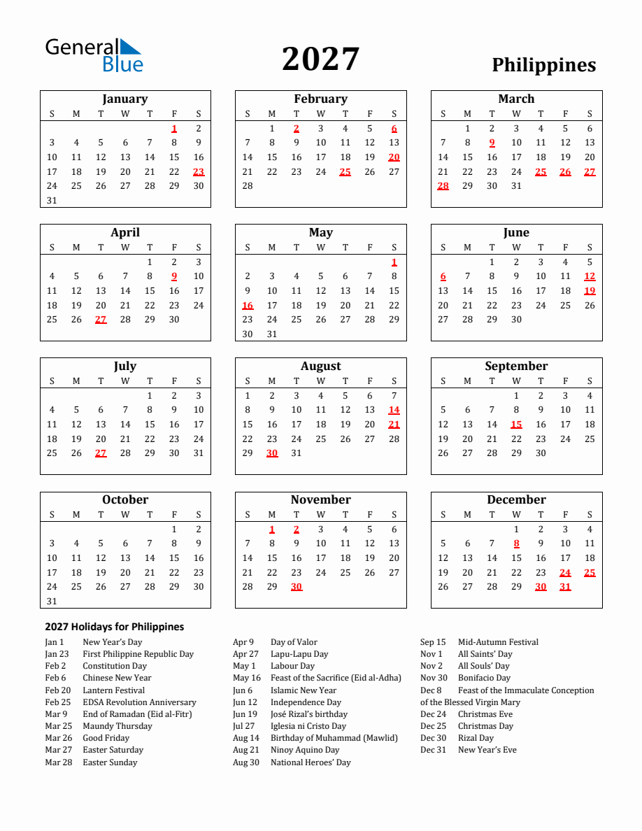 Free Printable 2027 Philippines Holiday Calendar