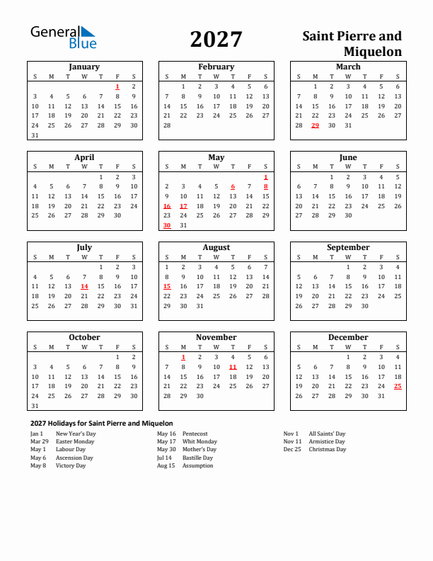 2027 Saint Pierre and Miquelon Holiday Calendar - Sunday Start