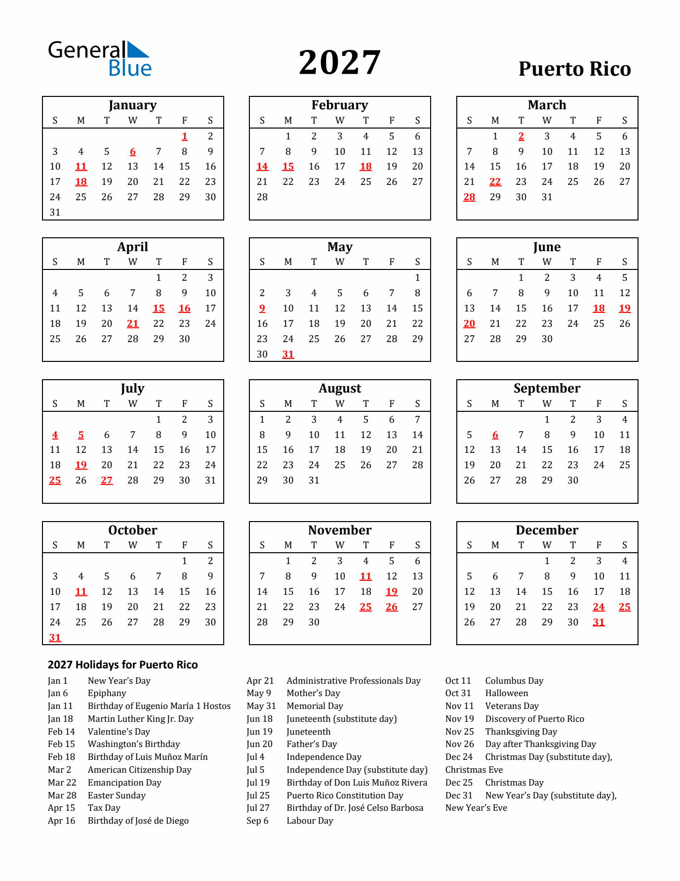 2027 Puerto Rico Holiday Calendar - Sunday Start